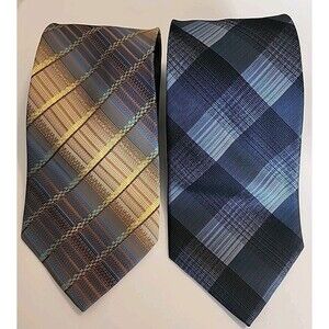 Hugo Boss 100% Silk Necktie Classic ITALY Plaid Blue Yellow Jacquared Lot Of 2